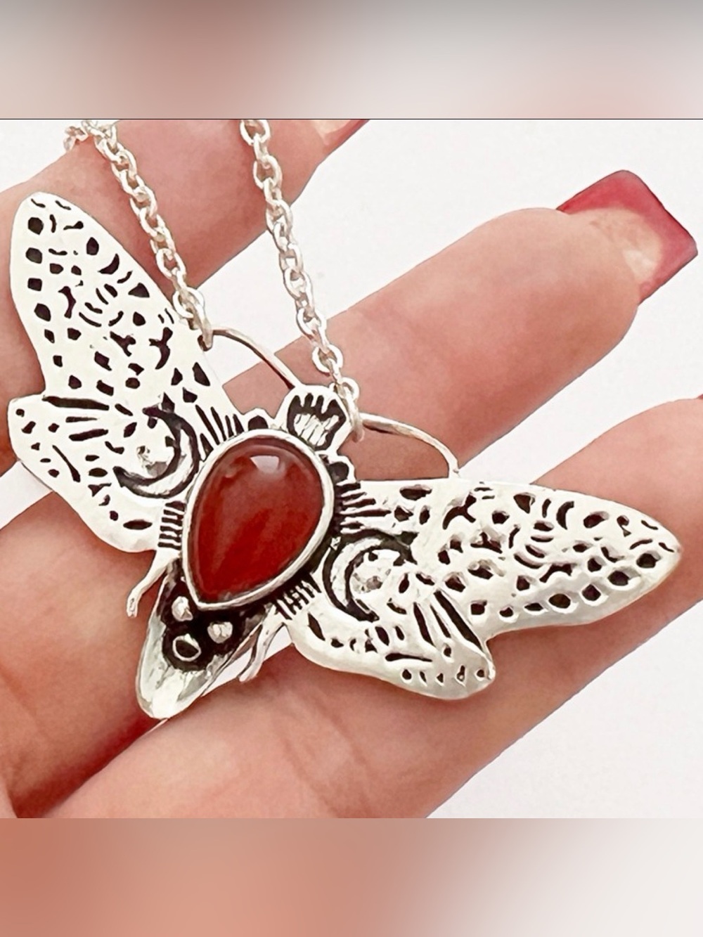 Sterling Tone Moth Necklace with Red Teardrop Stone